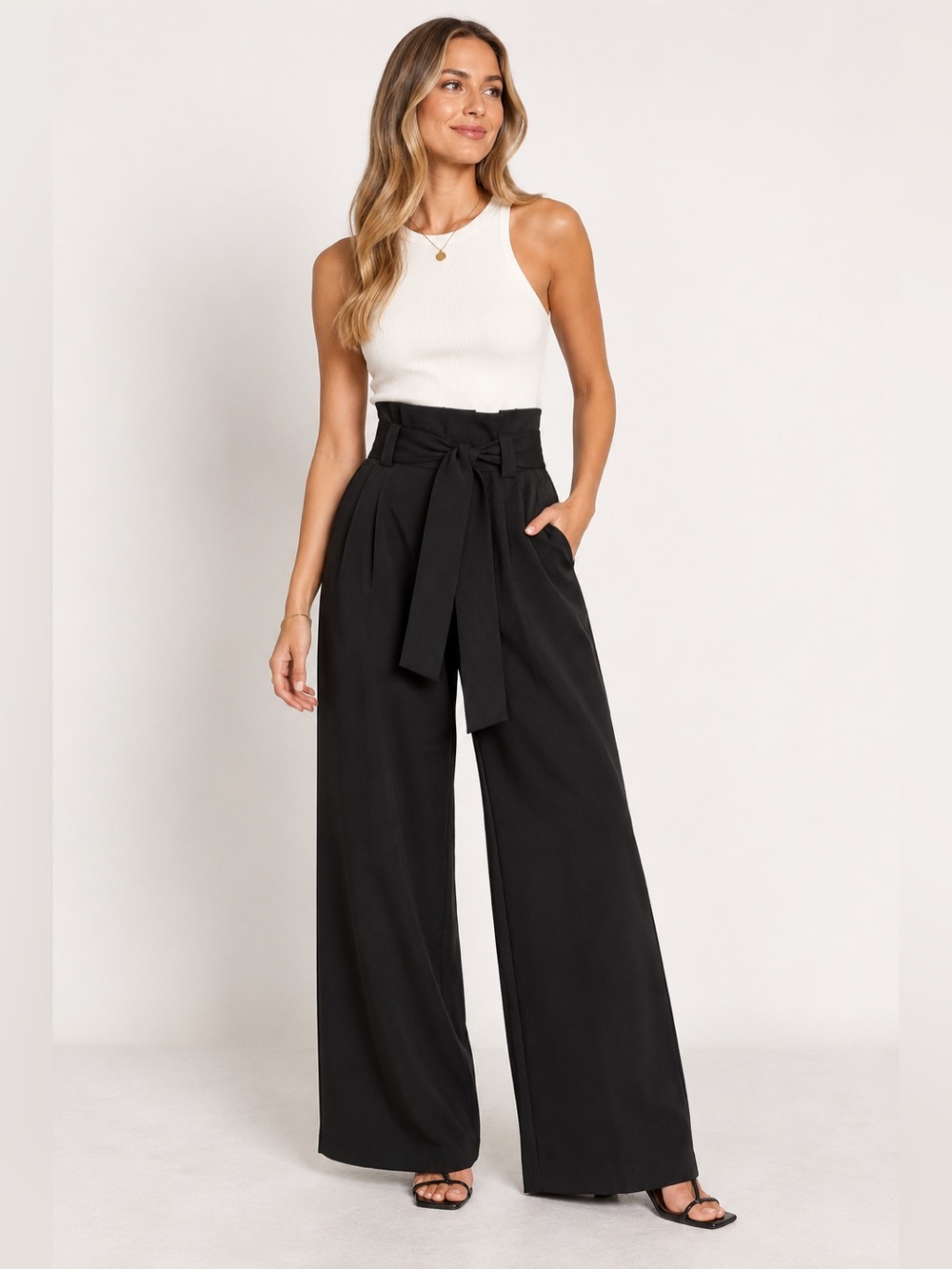 Petal & Pup Black High-Waist Paperbag Wide Leg Pants with Tie Size 6